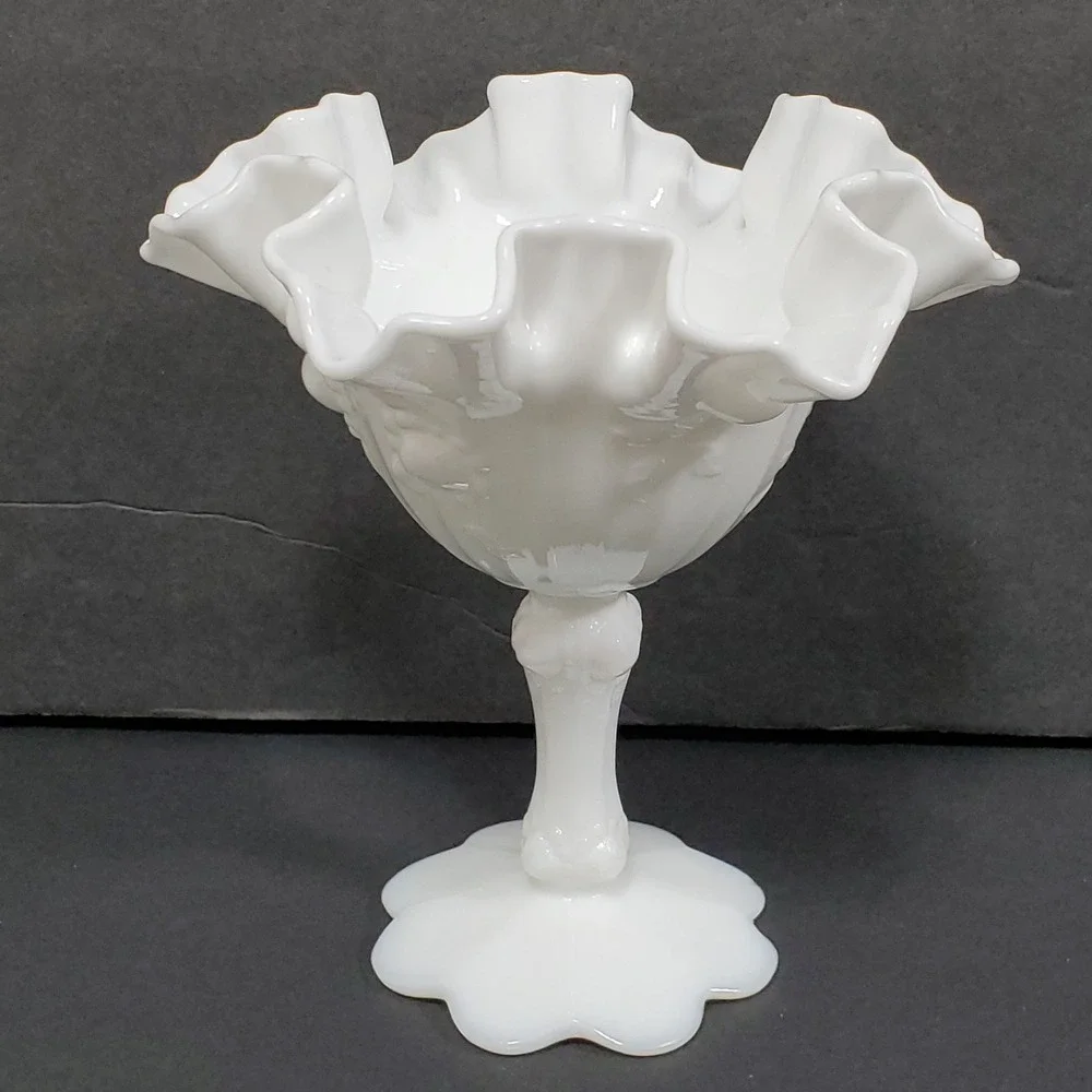 Fenton Milk Glass Compote‎ Dish White Ruffled Pedestal Bowl VTG